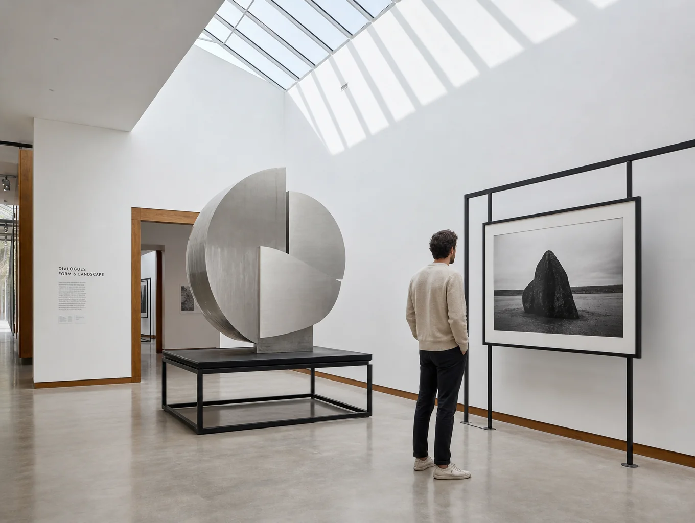 Quiet gallery installation space with raking natural light across limestone floors and restoration surfaces
