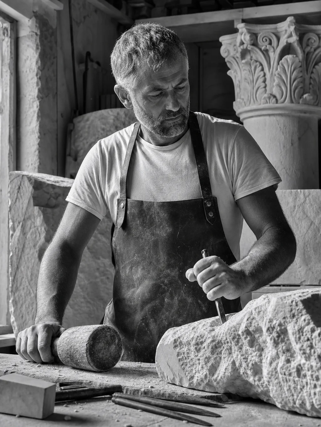 Archival photograph of artist Austin Camilleri inspecting carved stone fragments